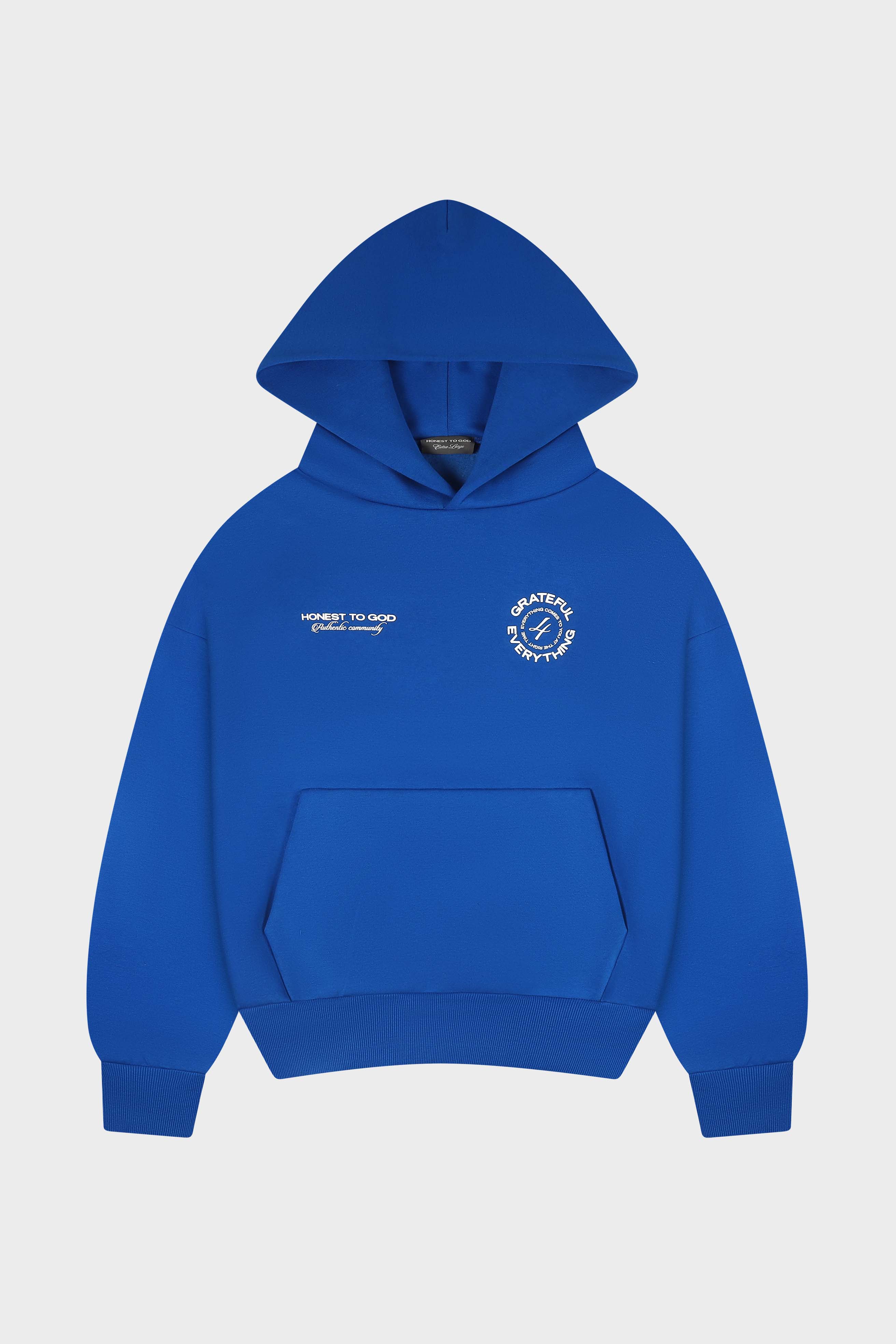 Honest to God Cobalt Blue boxy fit hoodie in 350 GSM heavyweight cotton fleece front view