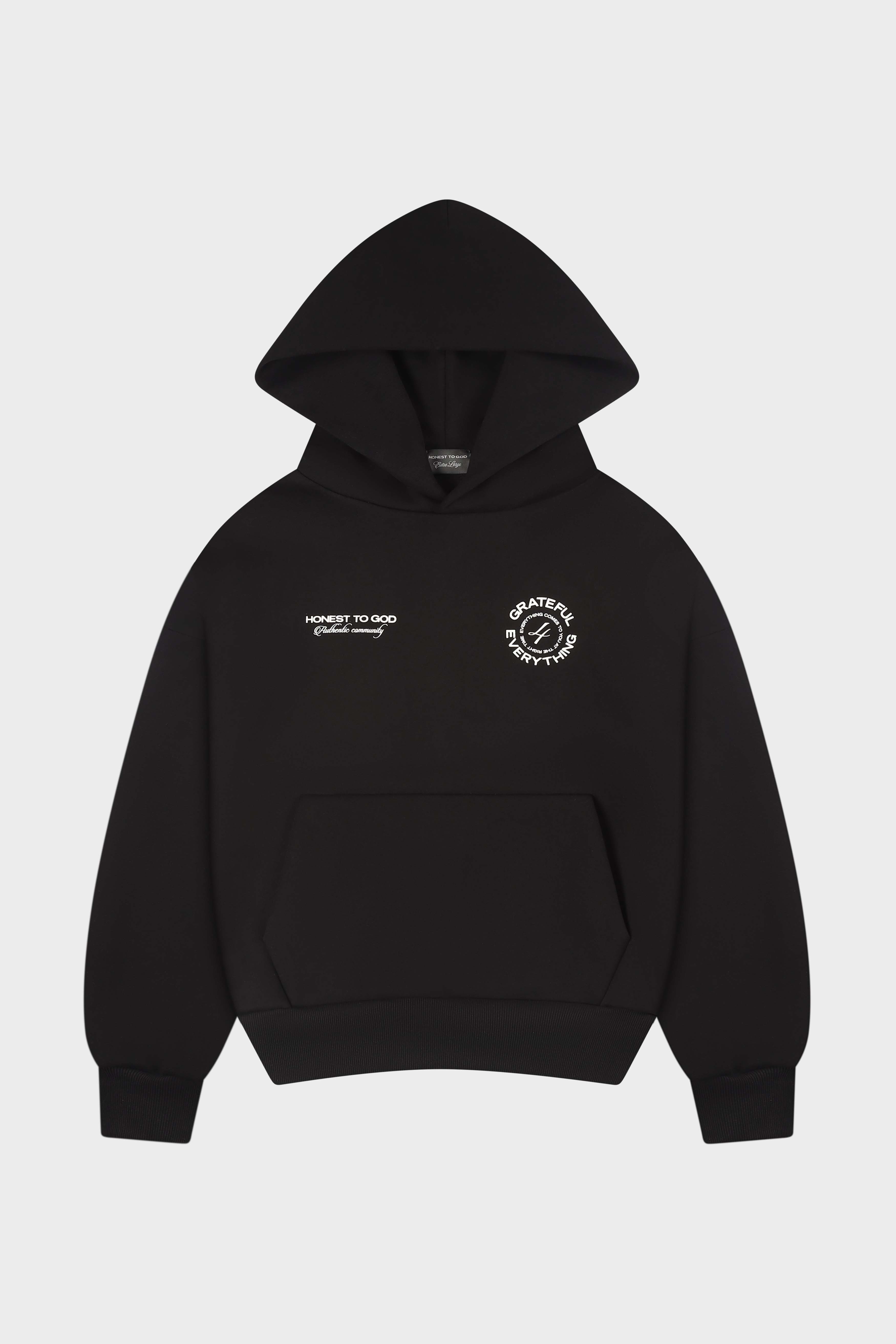 Honest to God Black boxy fit hoodie in 420 GSM heavyweight cotton fleece front view