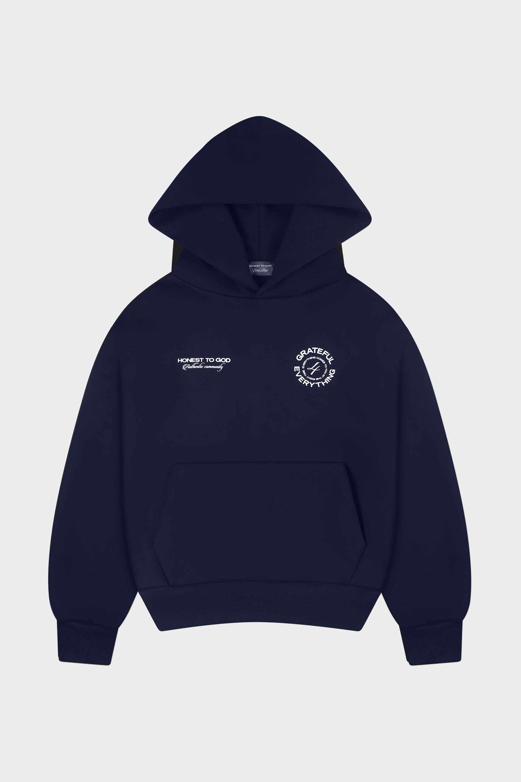 Honest to God Navy Blue boxy fit hoodie in 420 GSM heavyweight cotton fleece front view