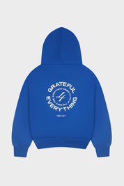 Honest to God Cobalt Blue boxy fit hoodie in 350 GSM heavyweight cotton fleece back view.
