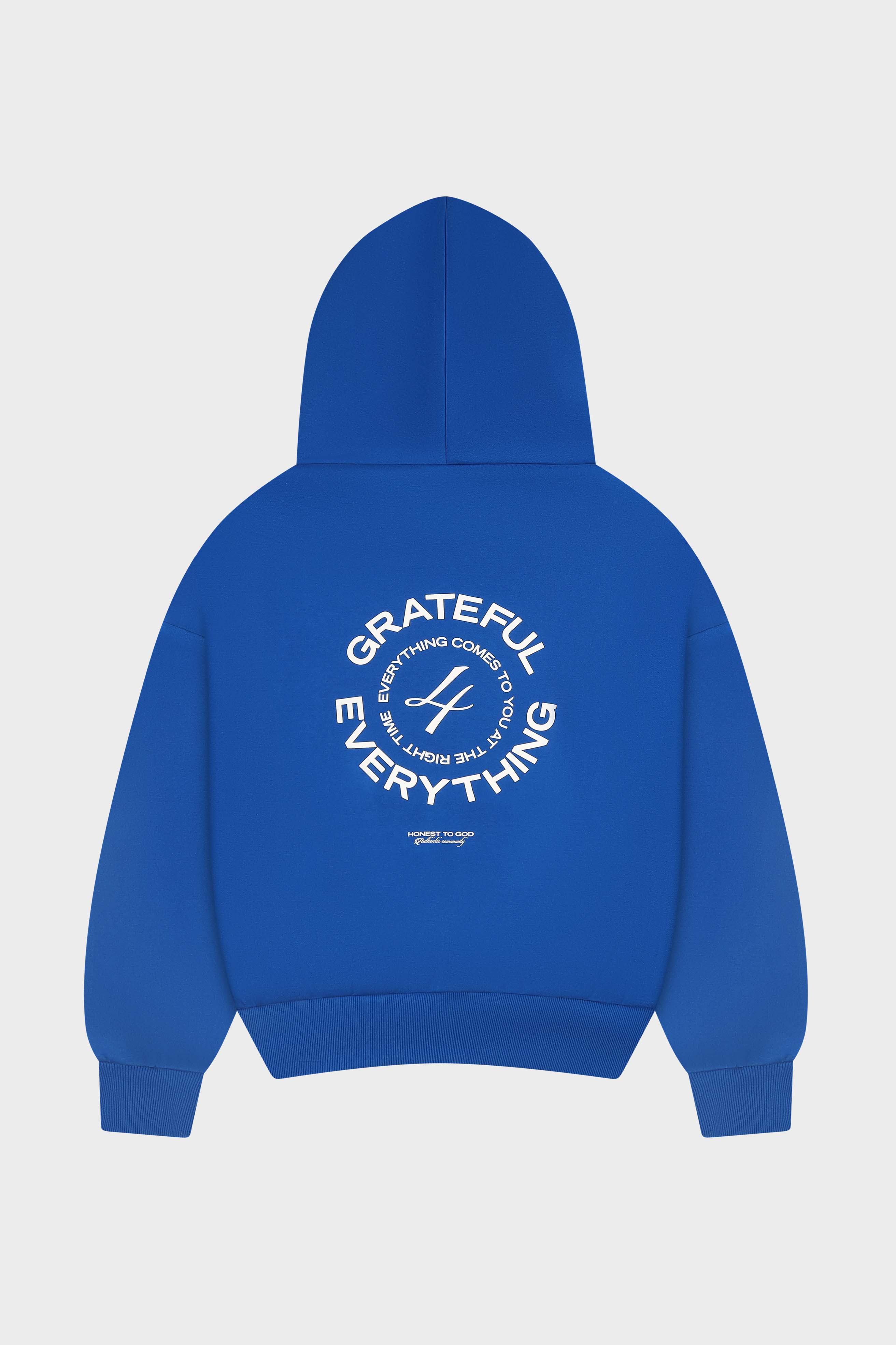 Honest to God Cobalt Blue boxy fit hoodie in 350 GSM heavyweight cotton fleece back view.