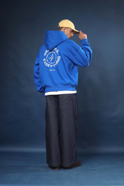 Side view of Honest to God Cobalt Blue hoodie highlighting the dropped shoulder and boxy cut.