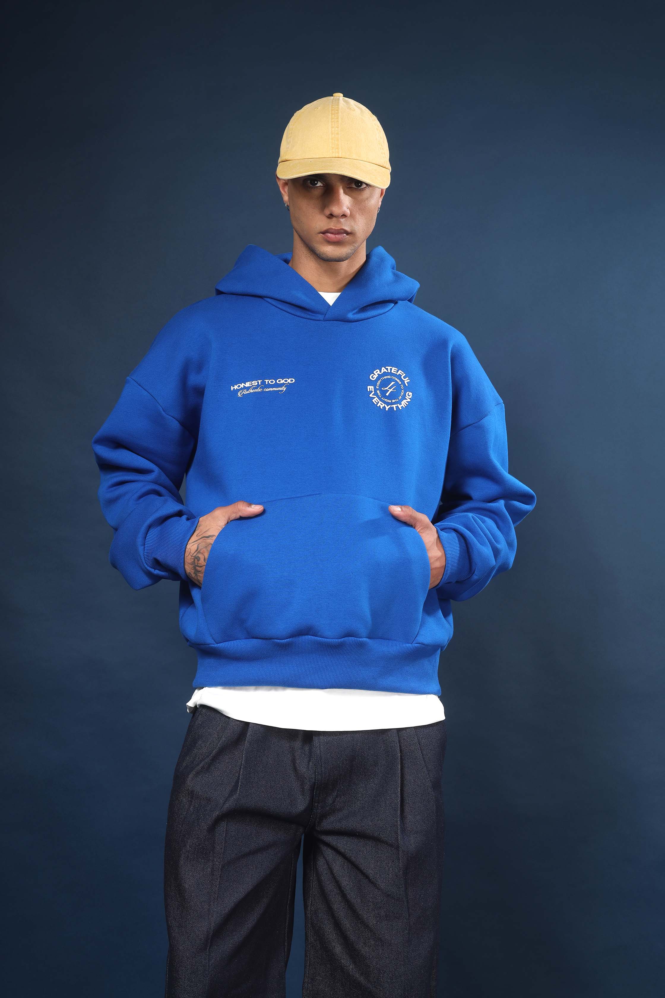 High-density ribbed cuff and hem detail on Honest to God heavyweight blue hoodie.