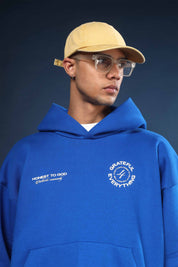 Close-up texture of 350 GSM ultra-heavyweight cotton fleece fabric in Cobalt Blue.