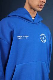 Close-up texture of 350 GSM ultra-heavyweight cotton fleece fabric in Cobalt Blue.