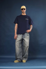 Navy Blue Regular Fit Bound Crew Neck Tee