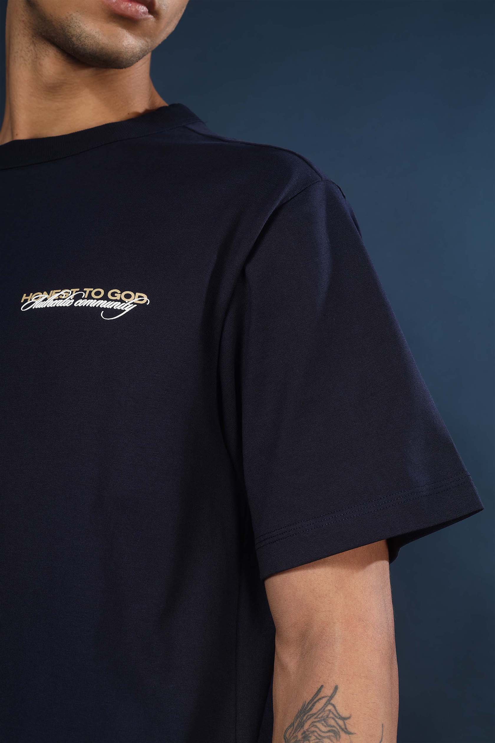 Navy Blue Regular Fit Bound Crew Neck Tee