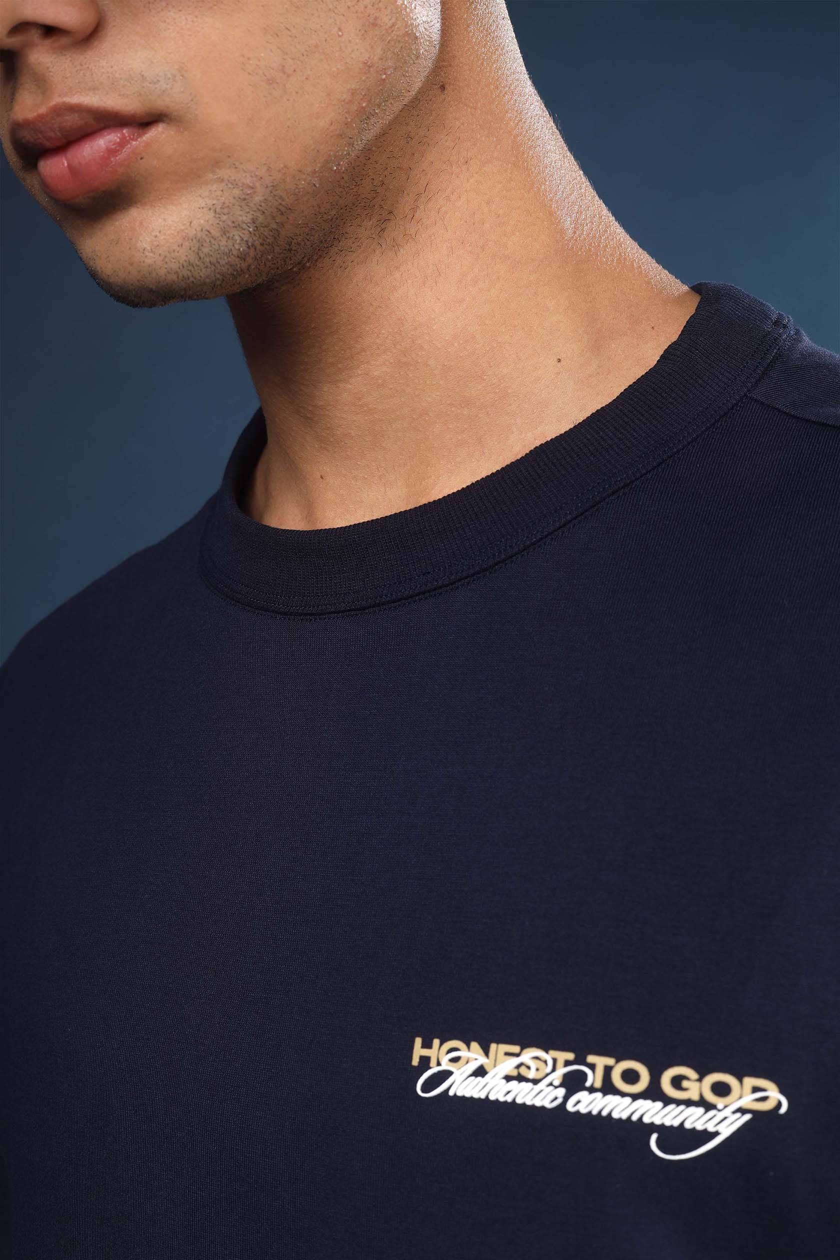 Navy Blue Regular Fit Bound Crew Neck Tee
