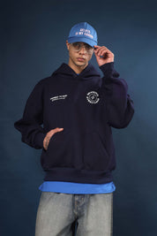 High-density ribbed cuff and hem detail on Honest to God heavyweight navy blue hoodie.