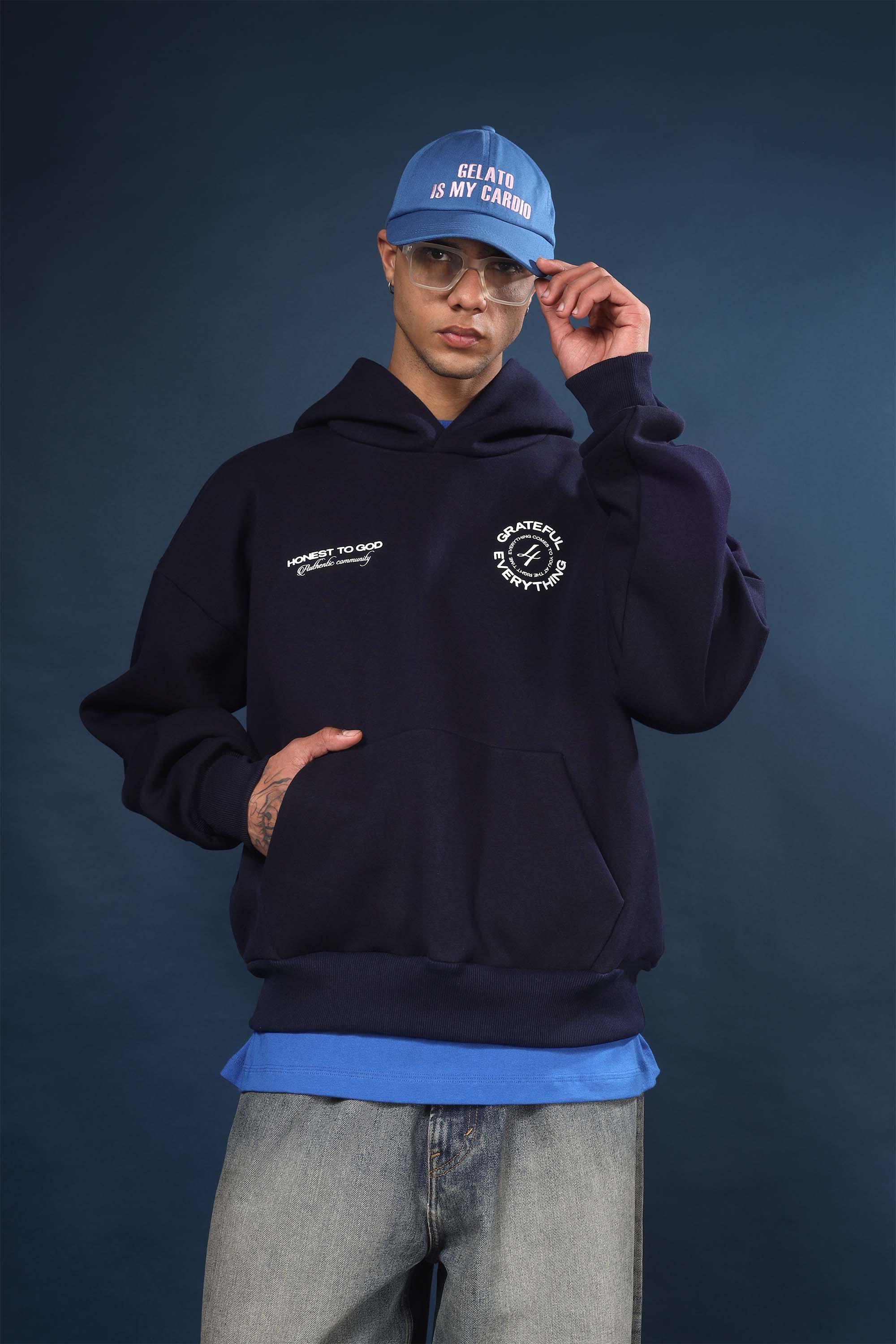 High-density ribbed cuff and hem detail on Honest to God heavyweight navy blue hoodie.